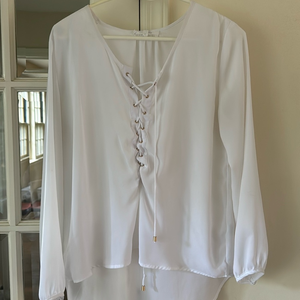 Olivaceous white lace up blouse